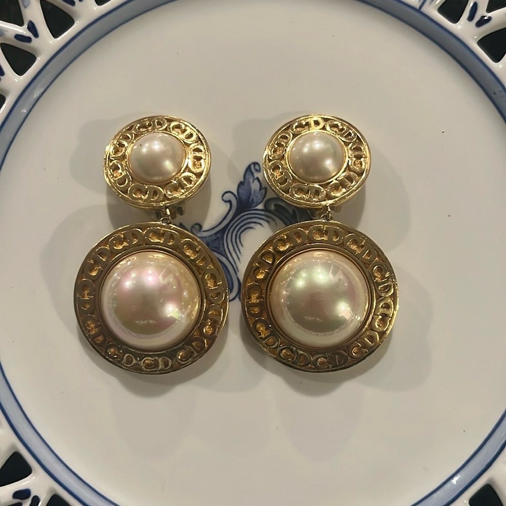 Christian Dior Vintage CD Logo Custom Pearl Clip-On Earrings